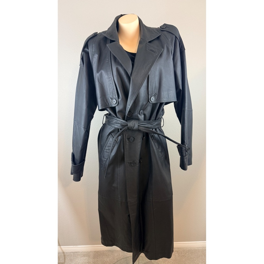 Vintage 80s Matrix Vampire Goth Long Leather Trench Coat Belted Black